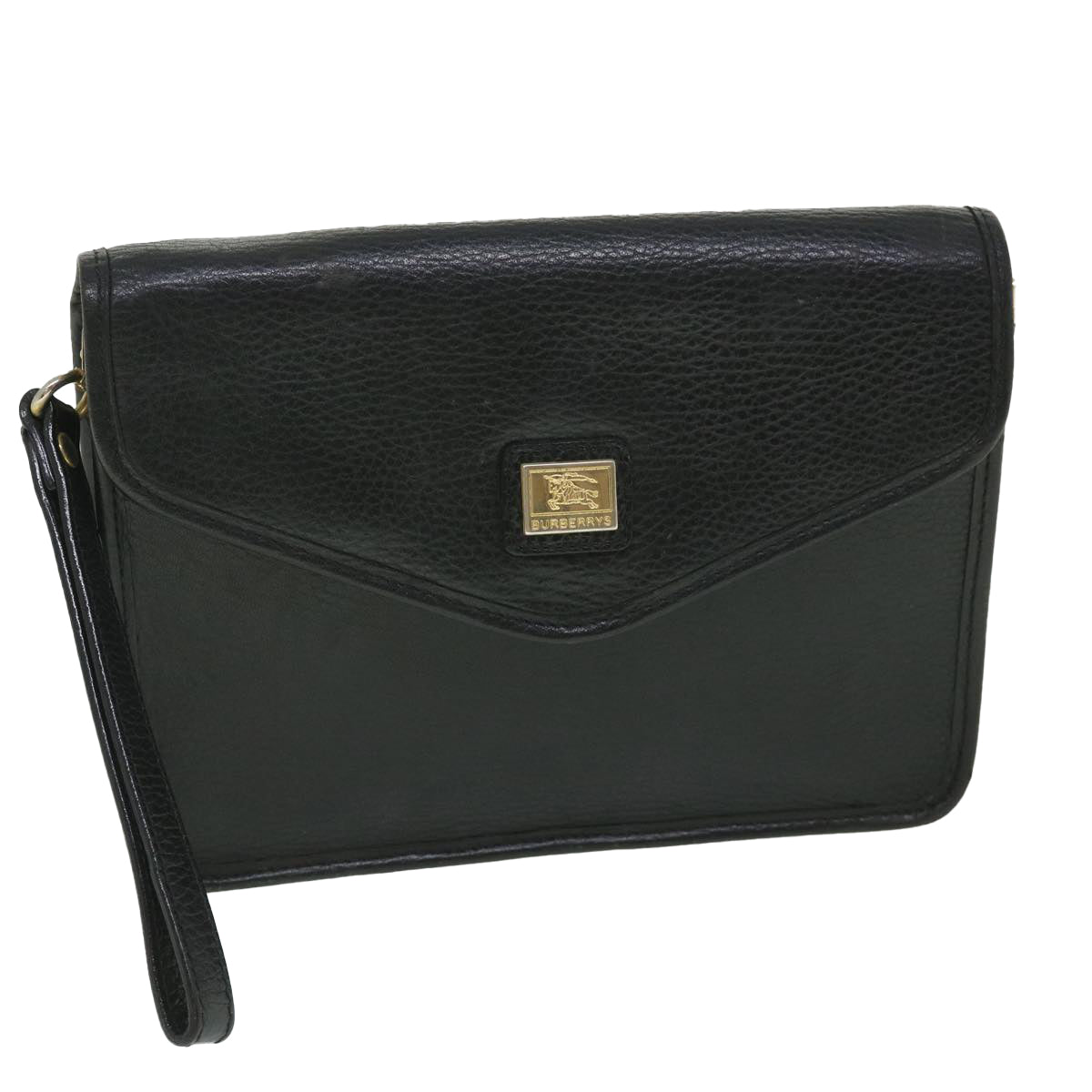 Burberrys Clutch Bag Leather Black Auth bs8730