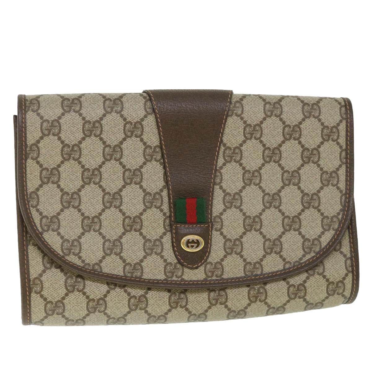 GUCCI GG Supreme Web Sherry Line Clutch Bag Beige Red 156 01 030 Auth bs8747