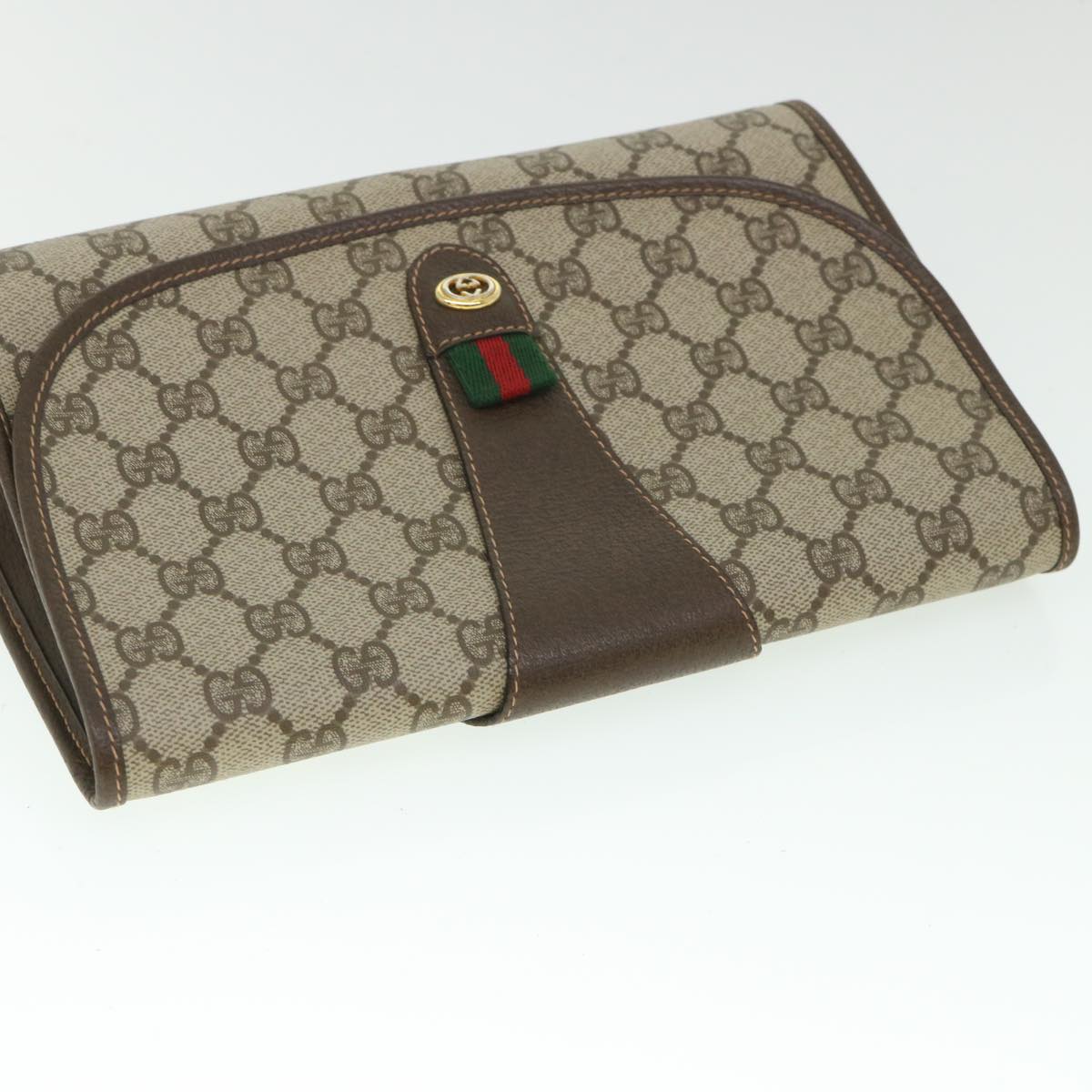 GUCCI GG Supreme Web Sherry Line Clutch Bag Beige Red 156 01 030 Auth bs8747