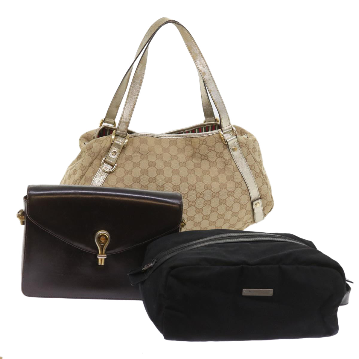 GUCCI GG Canvas Shoulder Bag Nylon Leather 3Set Beige Brown black Auth bs8794