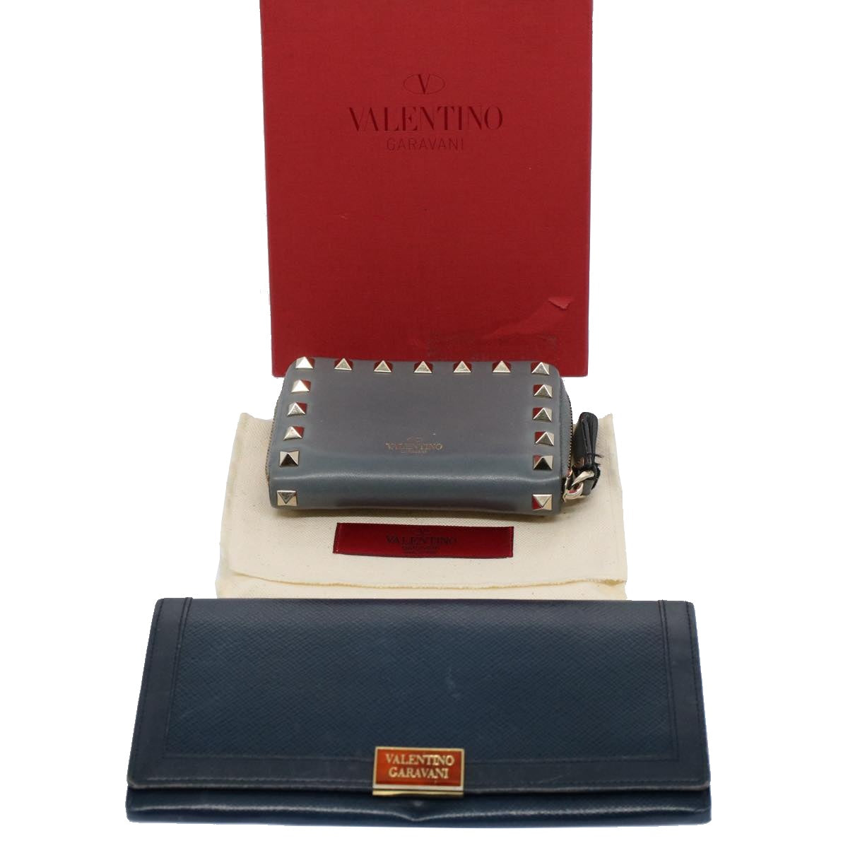 VALENTINO Wallet Leather 2Set Gray Navy Auth bs8804