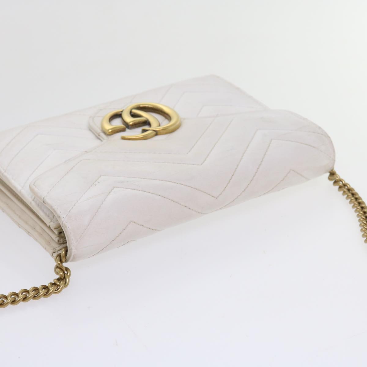 GUCCI Chain Shoulder Bag Leather White 474575 2149 Auth bs8823