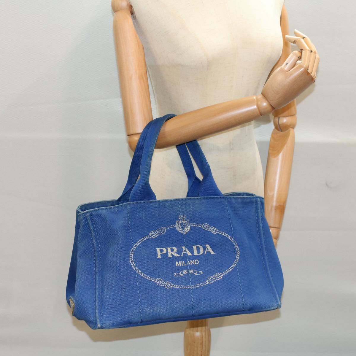 PRADA Canapa MM Hand Bag Canvas Blue Auth bs8886