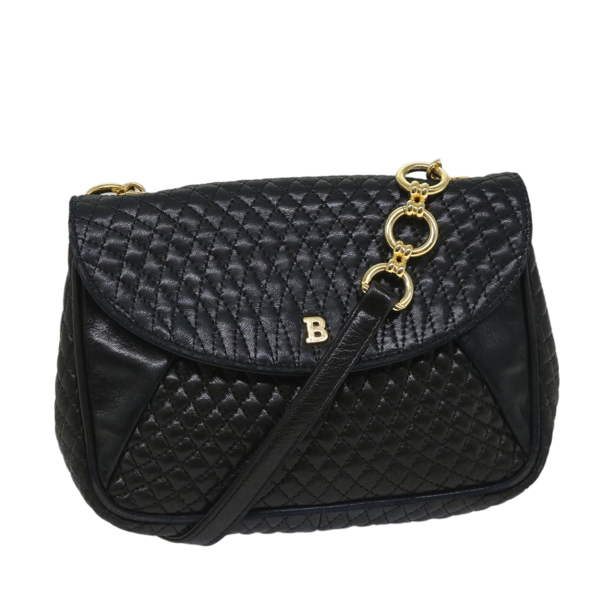 BALLY Quilted Shoulder Bag Leather Black Auth bs9082