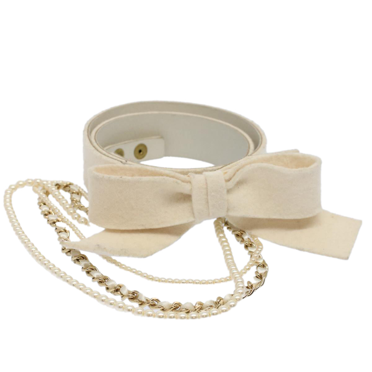 CHANEL Pearl Belt Wool 80/32 37.4"" White CC Auth bs9177