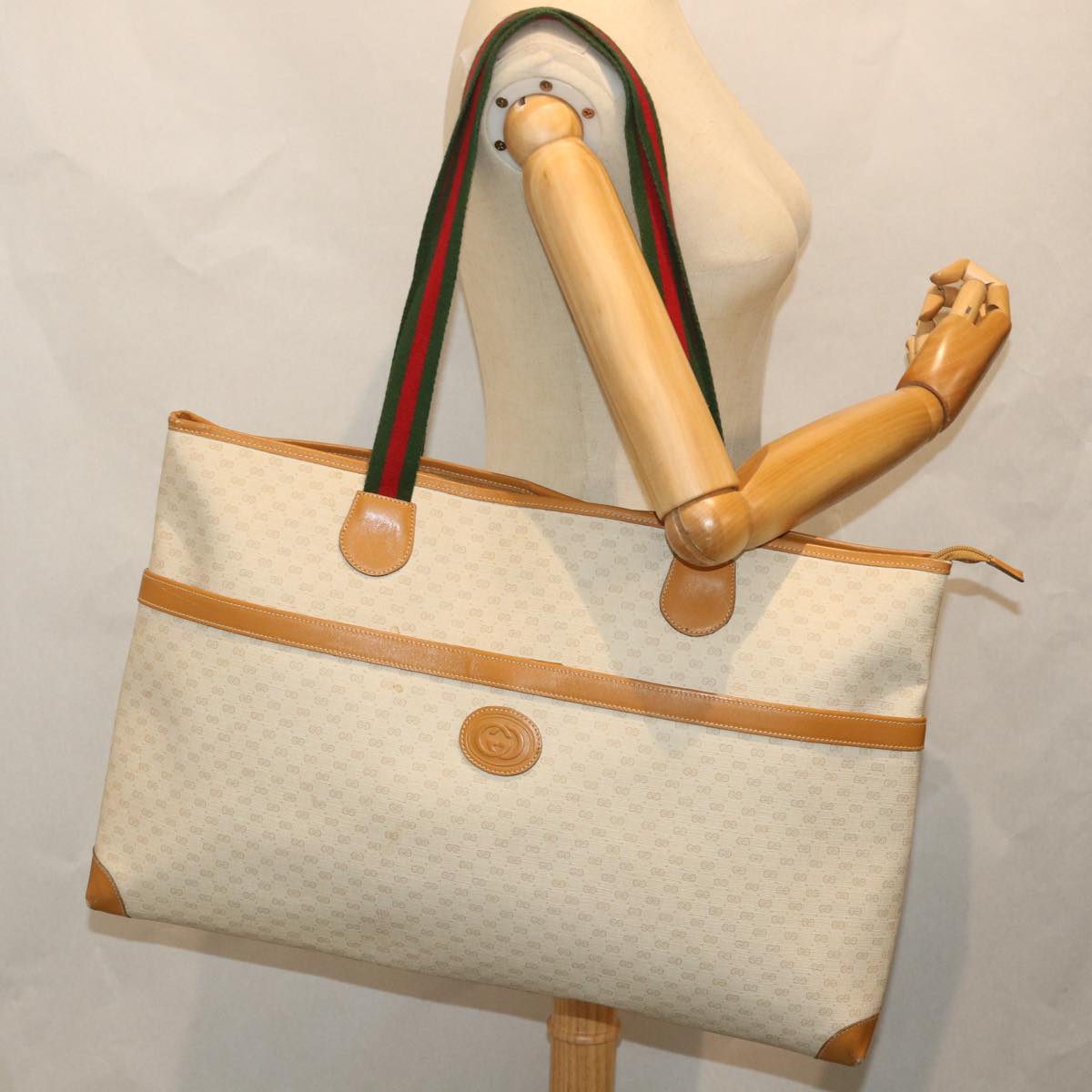 GUCCI Micro GG Supreme Web Sherry Line Tote Bag White 002 39 0215 Auth bs9212