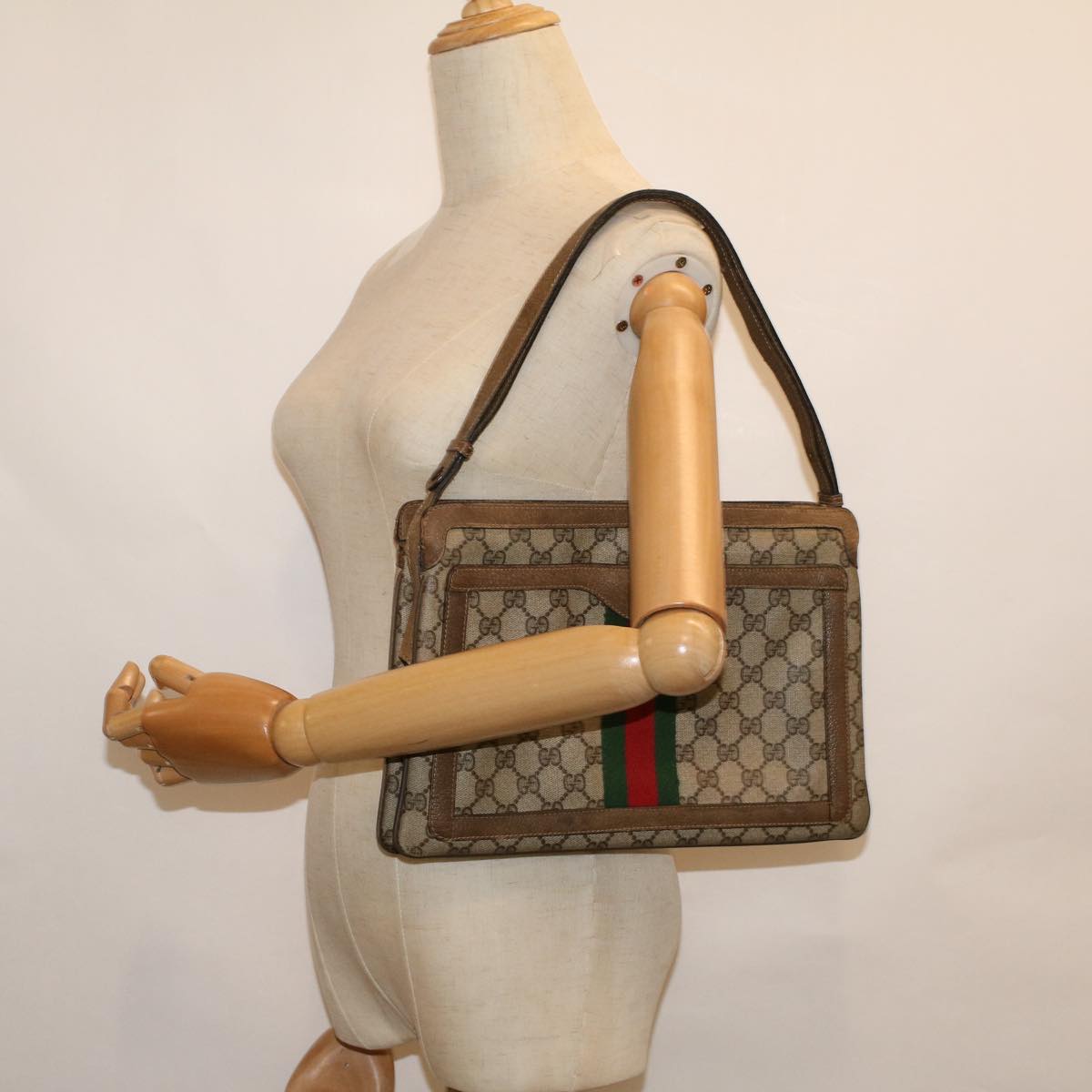 GUCCI GG Canvas Web Sherry Line Shoulder Bag PVC Leather Beige Green Auth bs9253