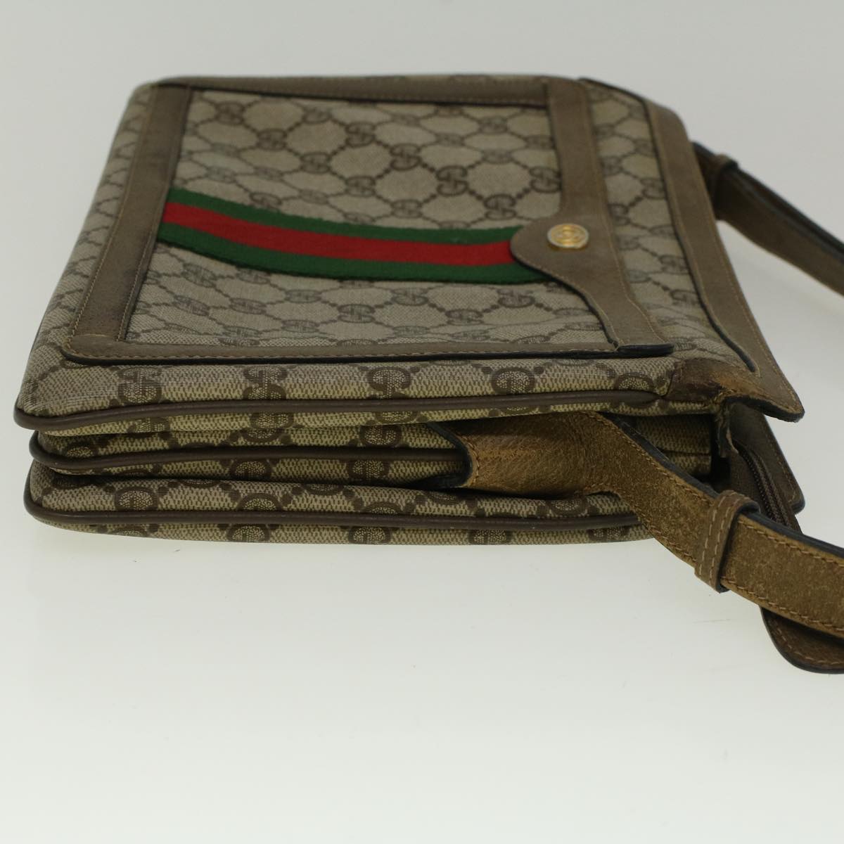 GUCCI GG Canvas Web Sherry Line Shoulder Bag PVC Leather Beige Green Auth bs9253