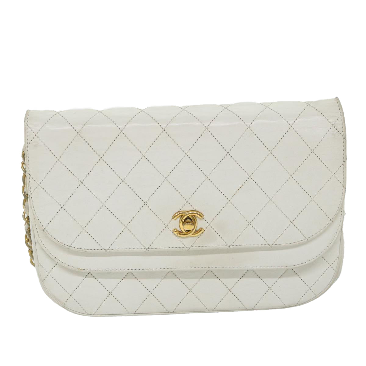 CHANEL Matelasse Chain Shoulder Bag Lamb Skin White CC Auth bs9328