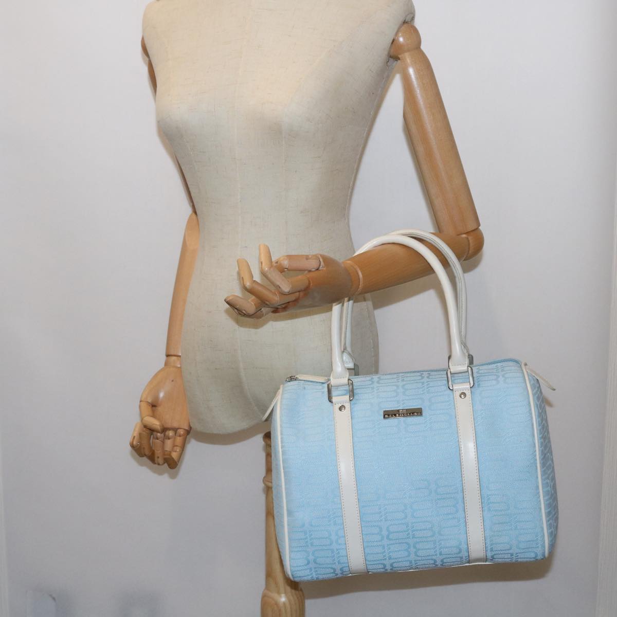 BALENCIAGA Boston Bag Canvas Light Blue Auth bs9509