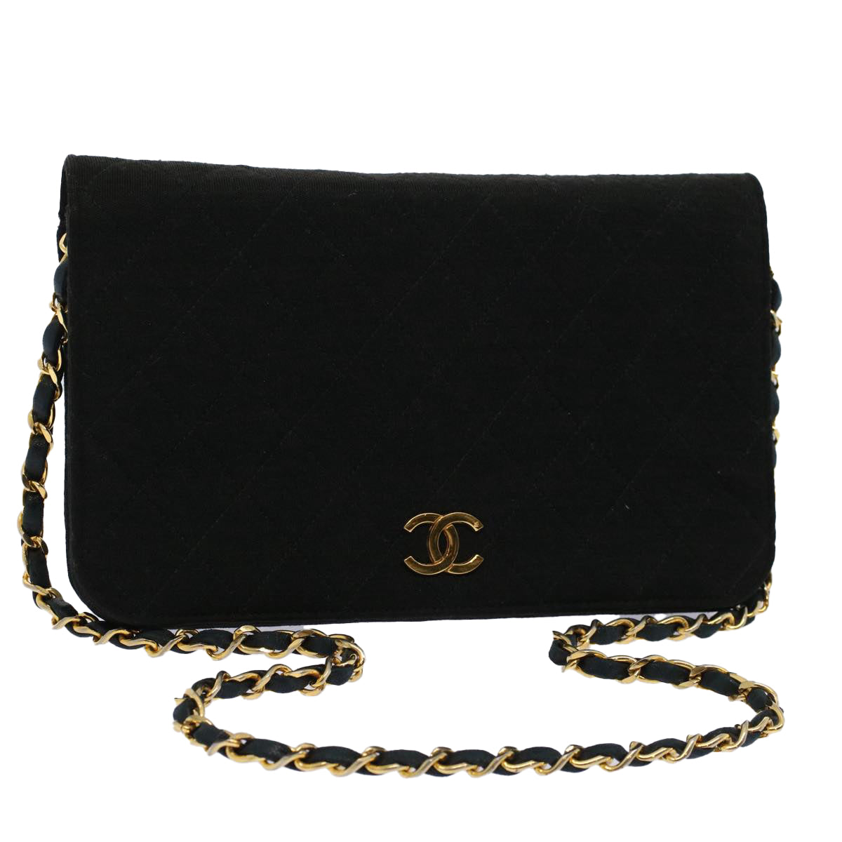 CHANEL Matelasse Chain Shoulder Bag cotton Black CC Auth bs9553