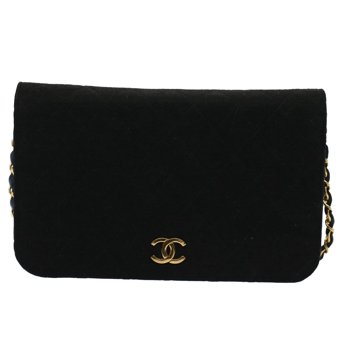 CHANEL Matelasse Chain Shoulder Bag cotton Black CC Auth bs9553