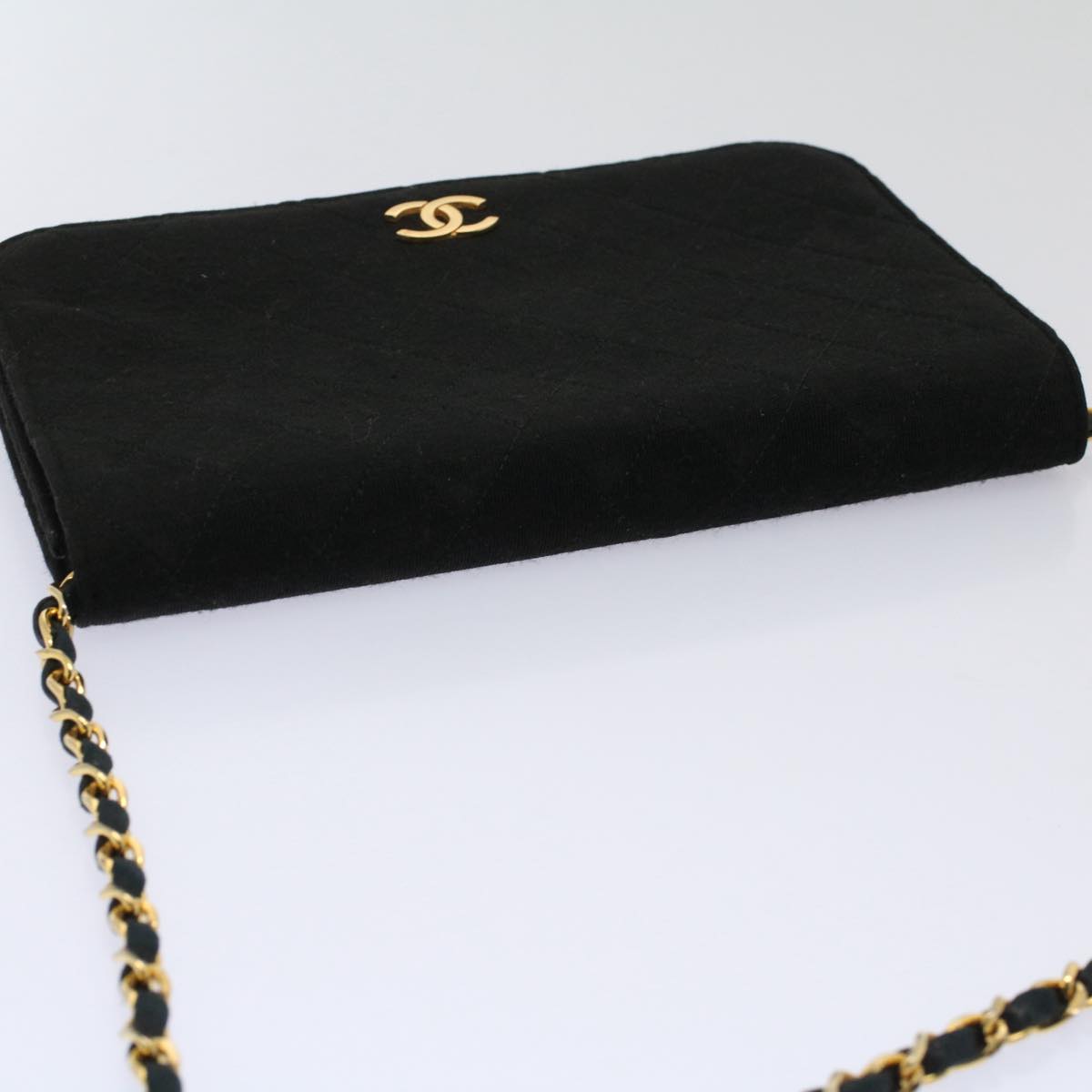 CHANEL Matelasse Chain Shoulder Bag cotton Black CC Auth bs9553