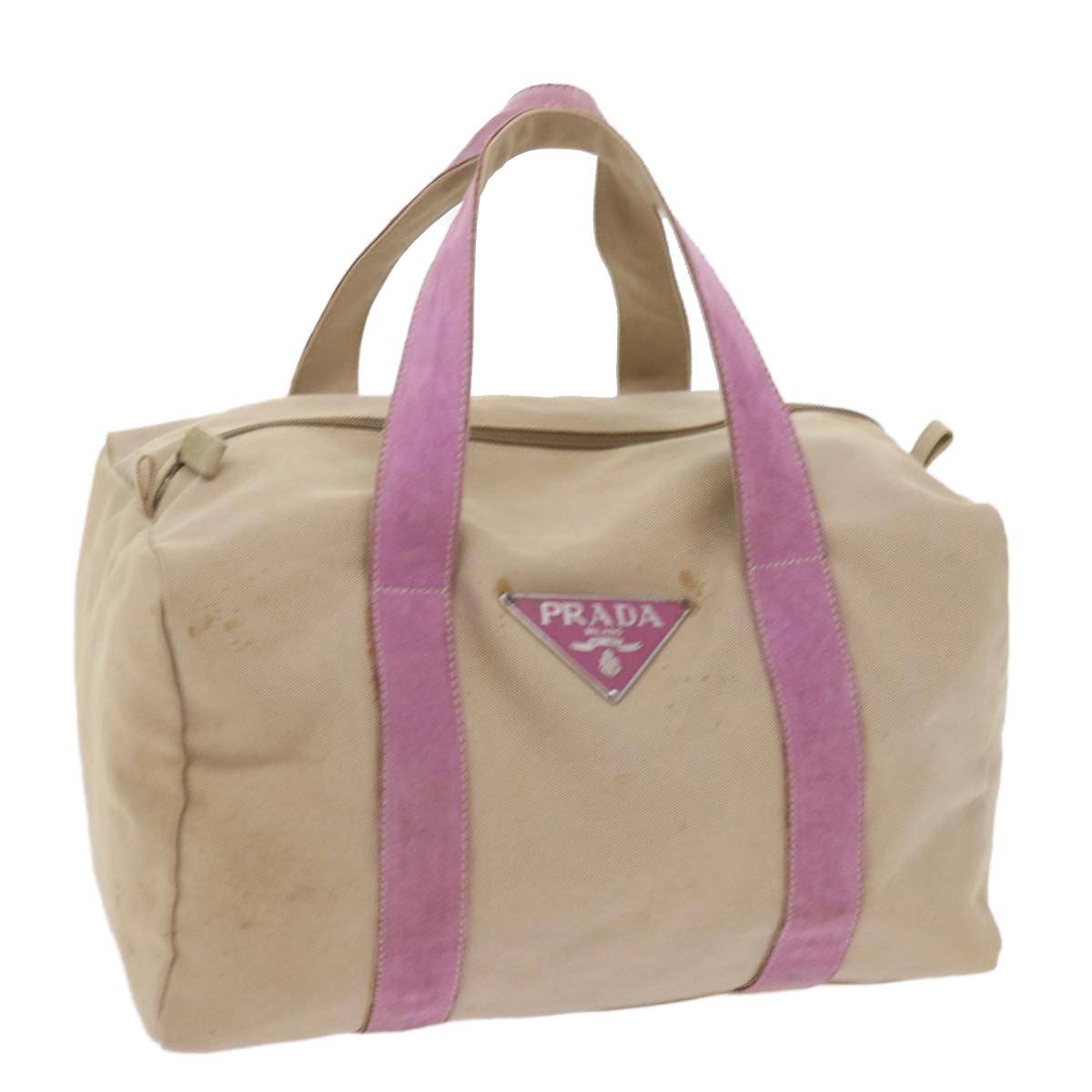 PRADA Boston Bag Canvas Beige Auth bs9665