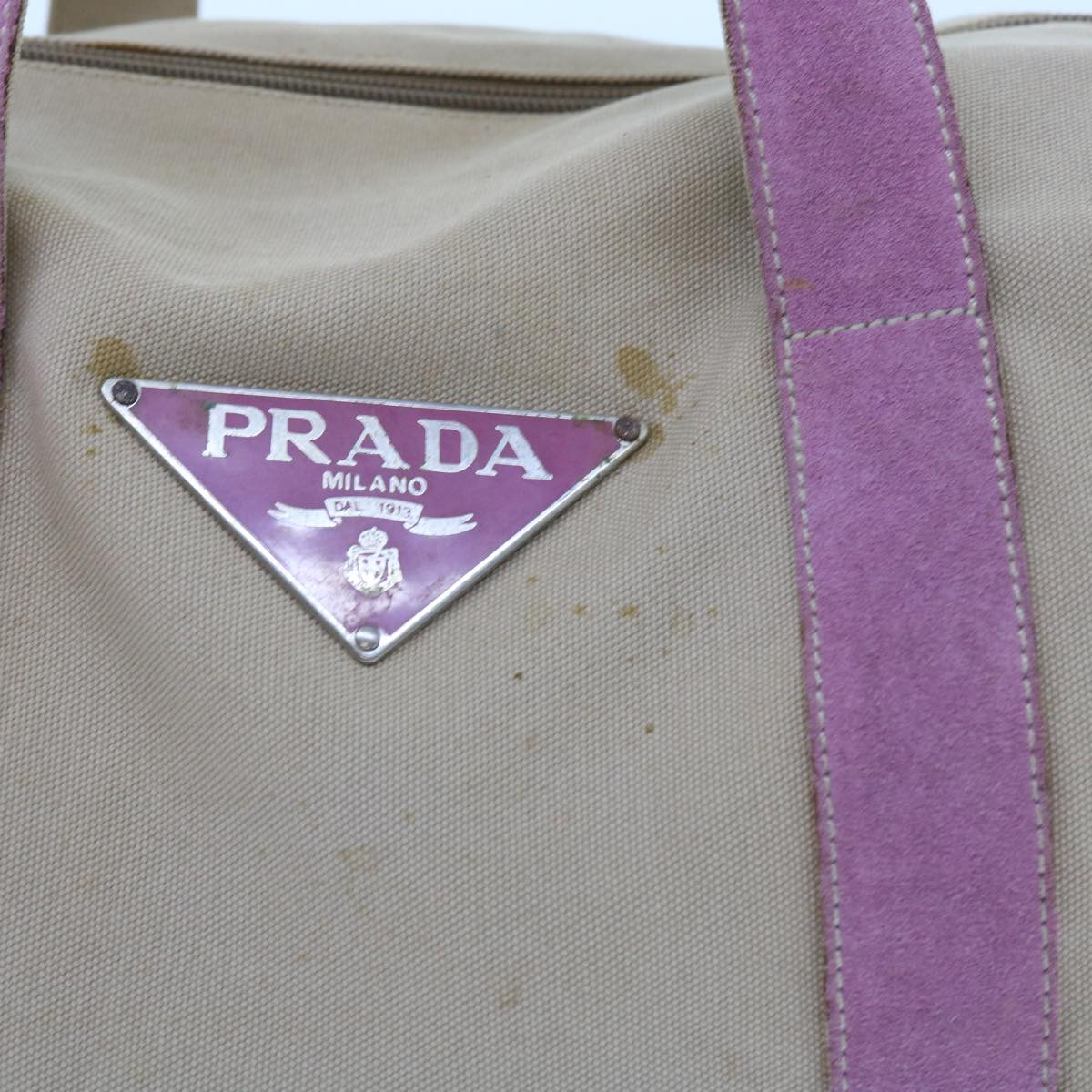 PRADA Boston Bag Canvas Beige Auth bs9665