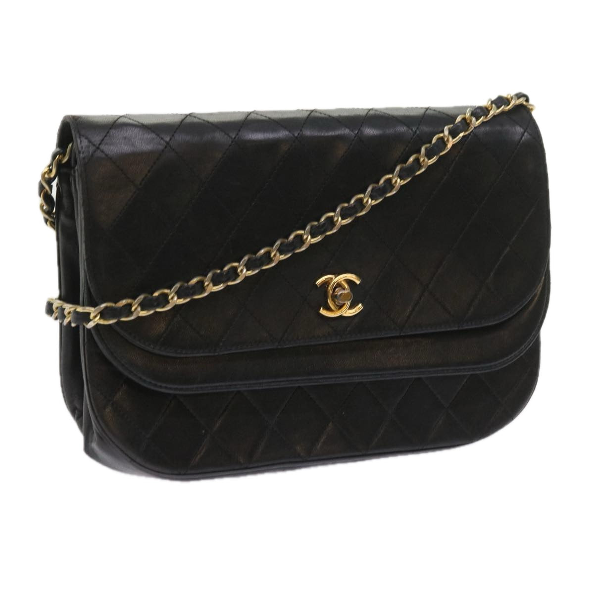 CHANEL Chain Shoulder Bag Lamb Skin Black CC Auth bs9680