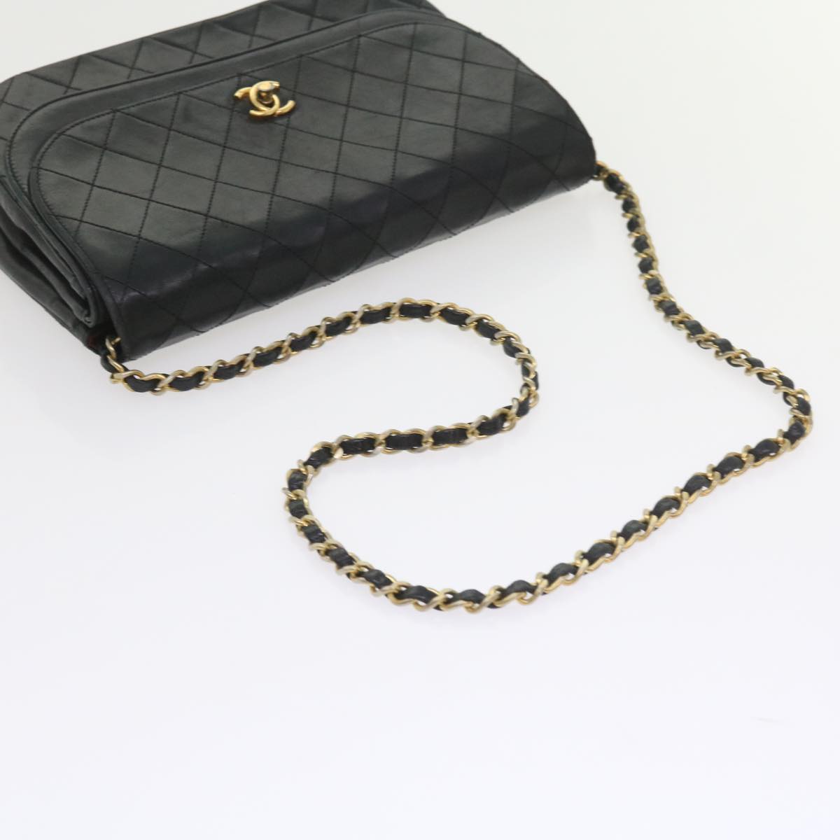 CHANEL Chain Shoulder Bag Lamb Skin Black CC Auth bs9680