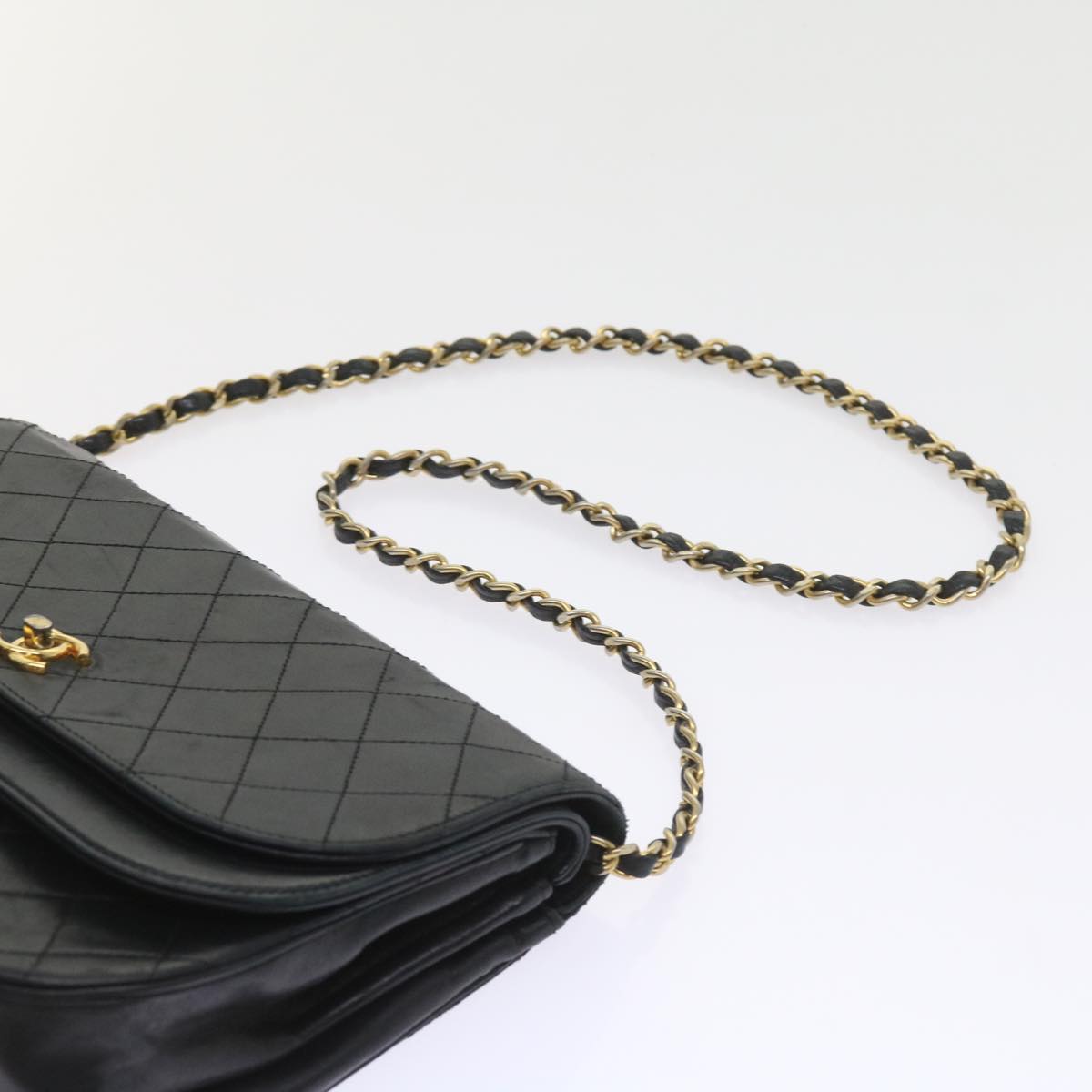 CHANEL Chain Shoulder Bag Lamb Skin Black CC Auth bs9680