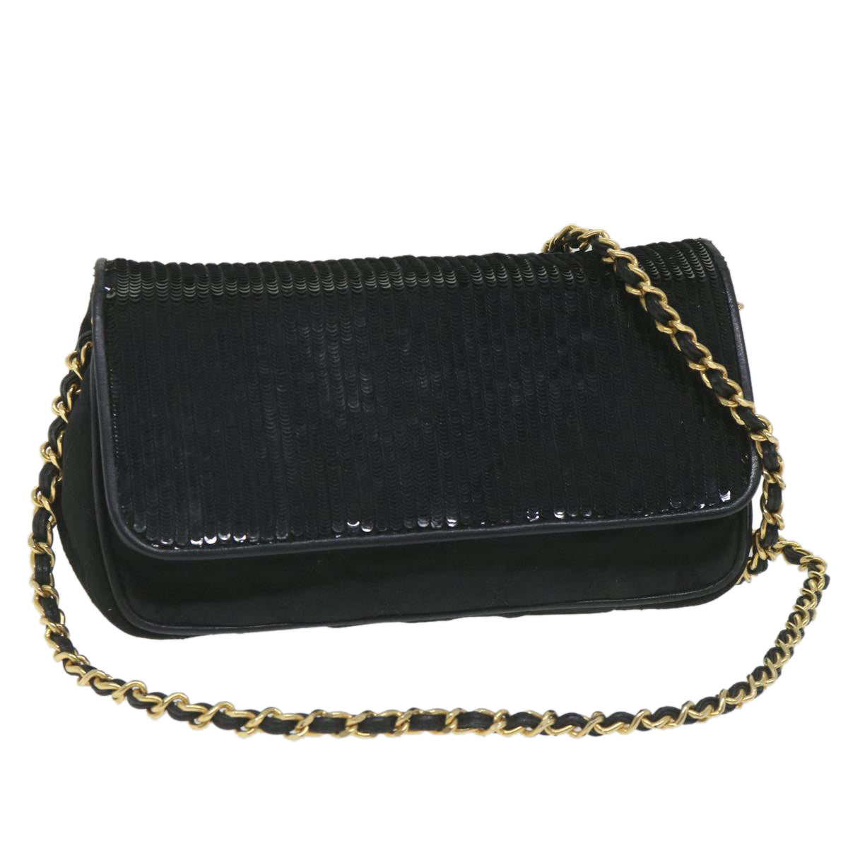 CHANEL Sequin Chain Shoulder Bag Nylon Black CC Auth bs9682