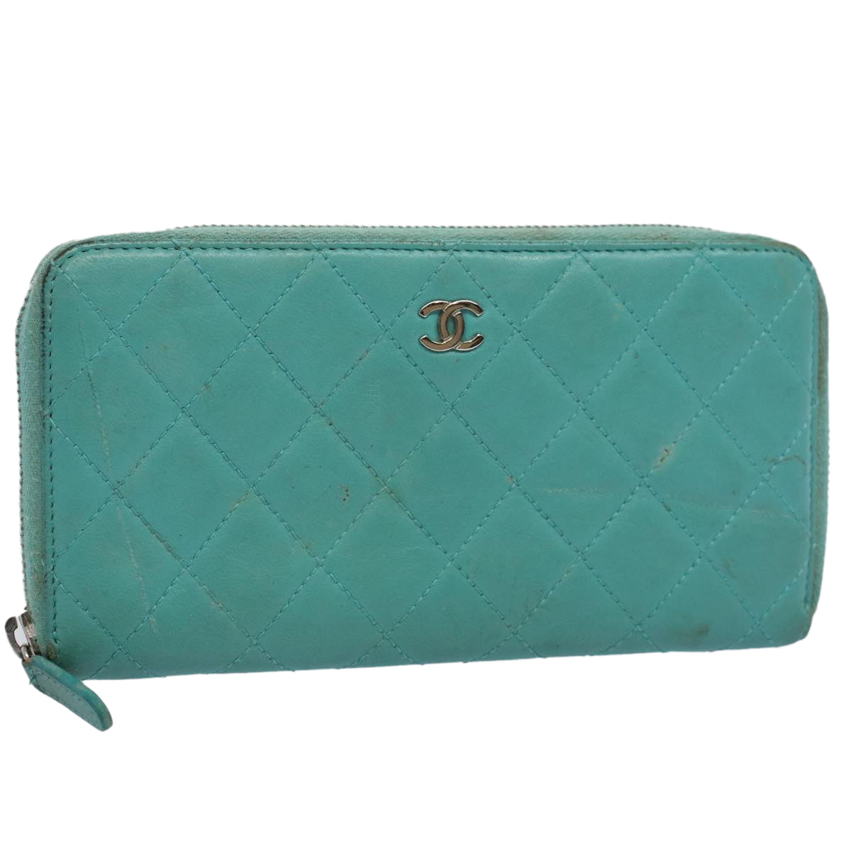 CHANEL Matelasse Wallet Lamb Skin Turquoise Blue CC Auth bs9740