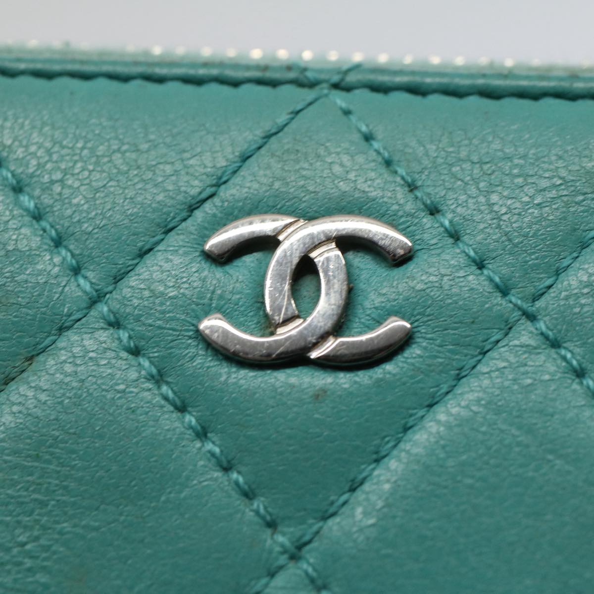 CHANEL Matelasse Wallet Lamb Skin Turquoise Blue CC Auth bs9740