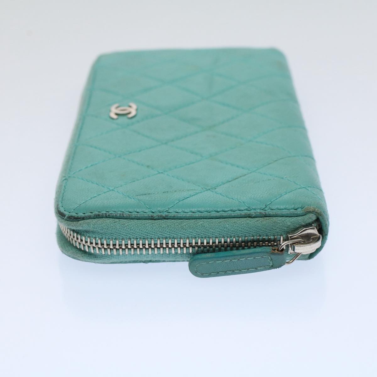 CHANEL Matelasse Wallet Lamb Skin Turquoise Blue CC Auth bs9740