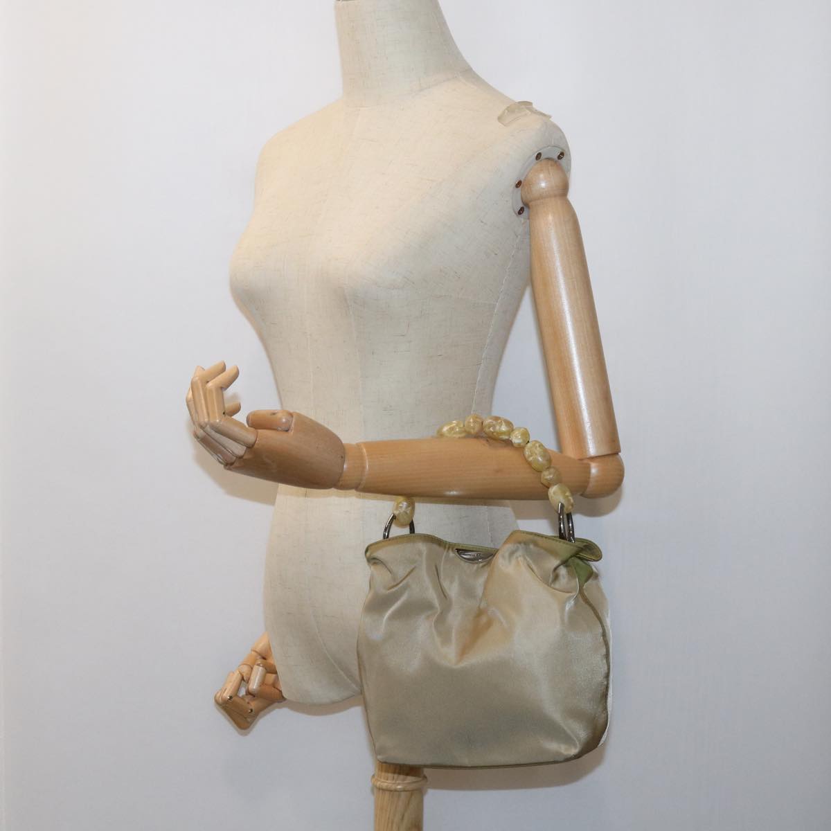 Christian Dior Maris Pearl Hand Bag Nylon Khaki Auth bs9763