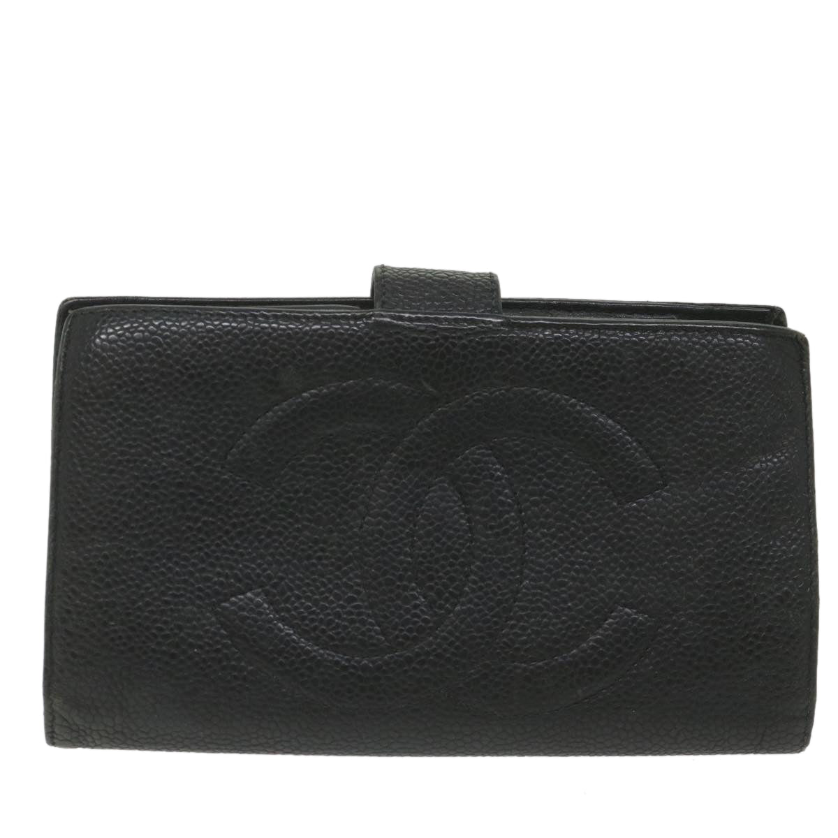 CHANEL Wallet Caviar Skin Black CC Auth bs9845