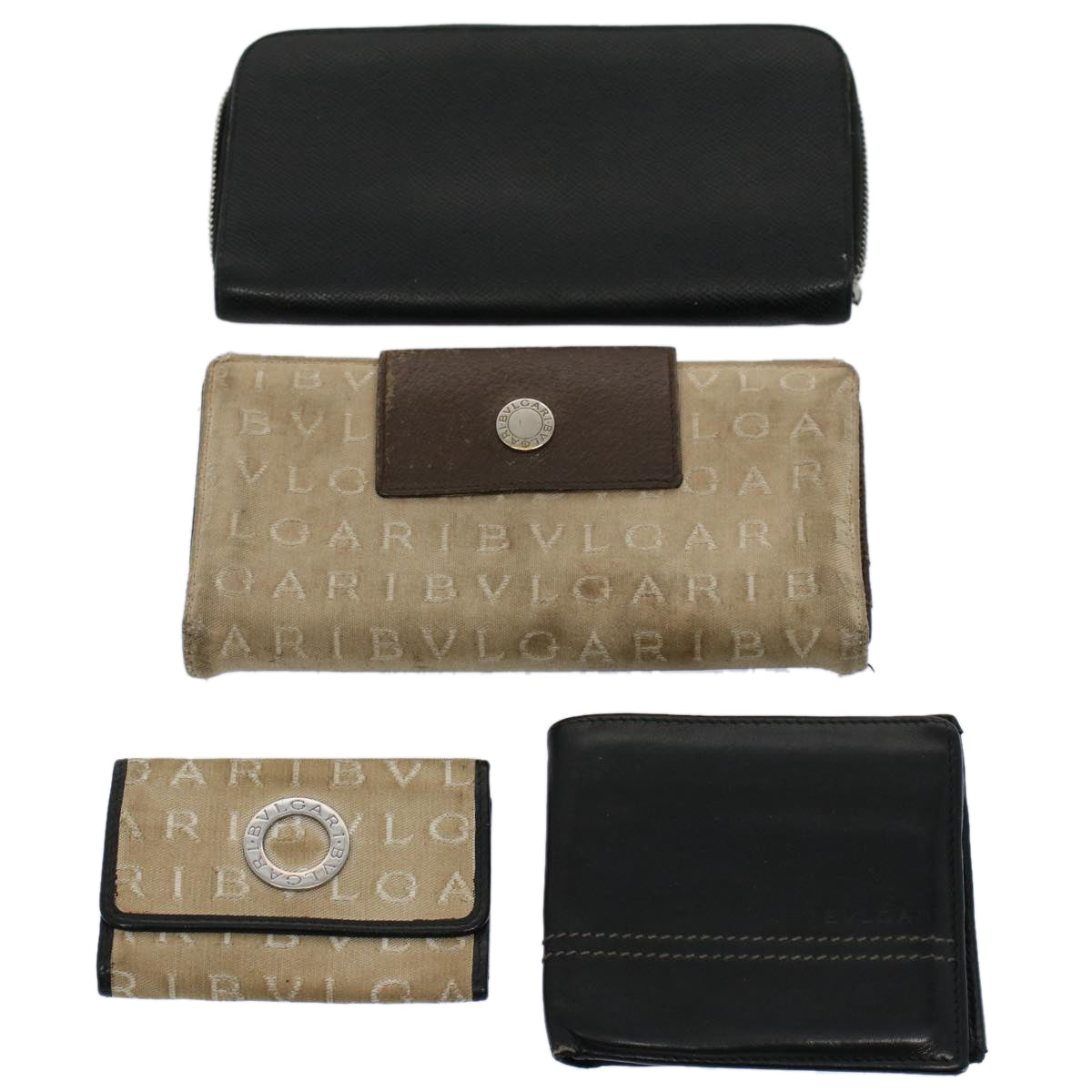 BVLGARI Wallet Leather 4Set Black Beige Auth bs9872