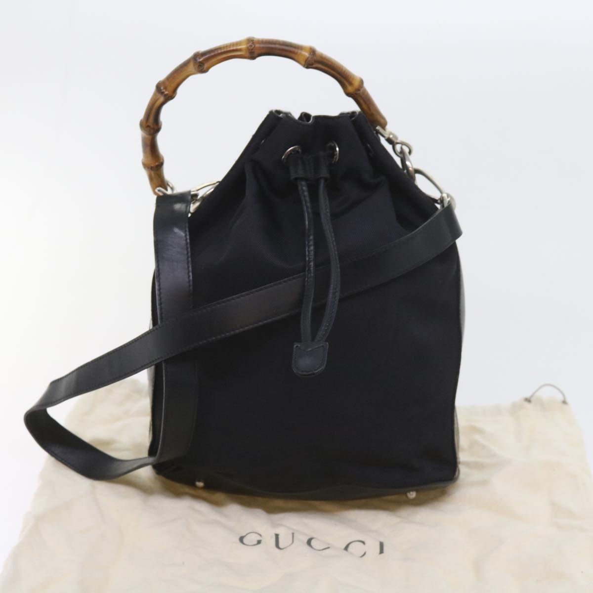 GUCCI Bamboo Shoulder Bag Nylon 2way Black Auth bs9976