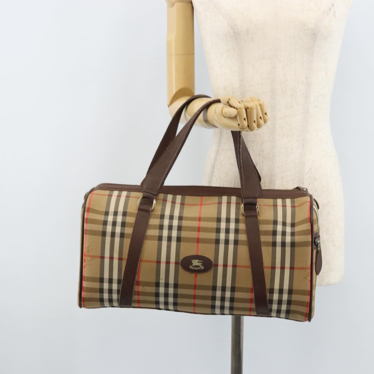 Burberrys Nova Check Boston Bag Canvas Beige Gold Auth BSZ021