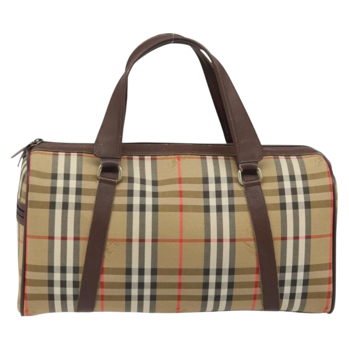 Burberrys Nova Check Boston Bag Canvas Beige Gold Auth BSZ021