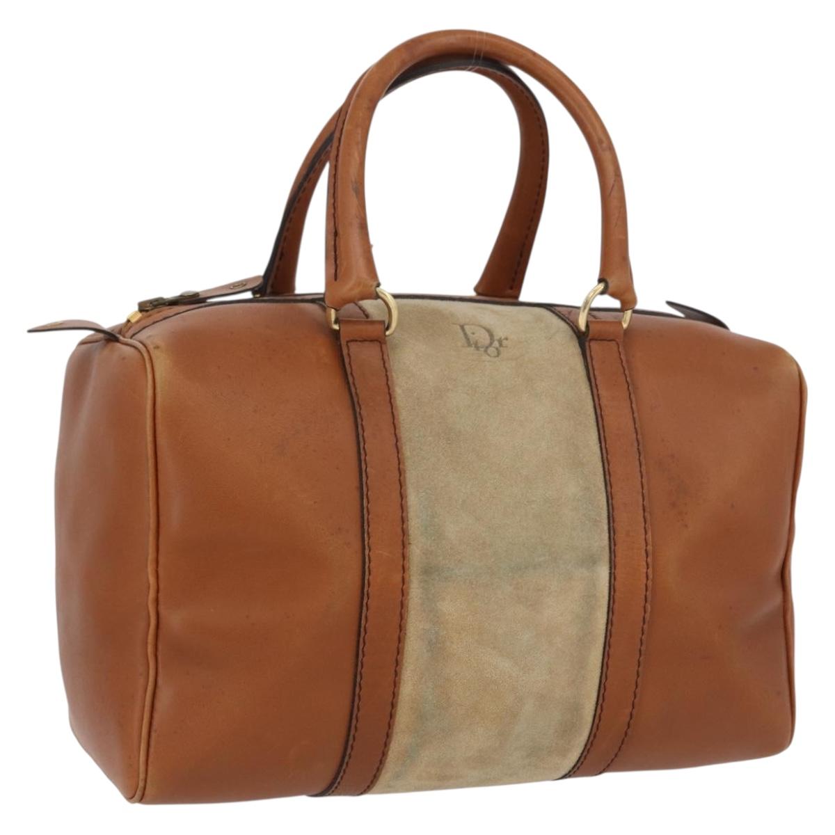 Christian Dior Hand Bag Suede Leather Brown Gold Auth BSZ024