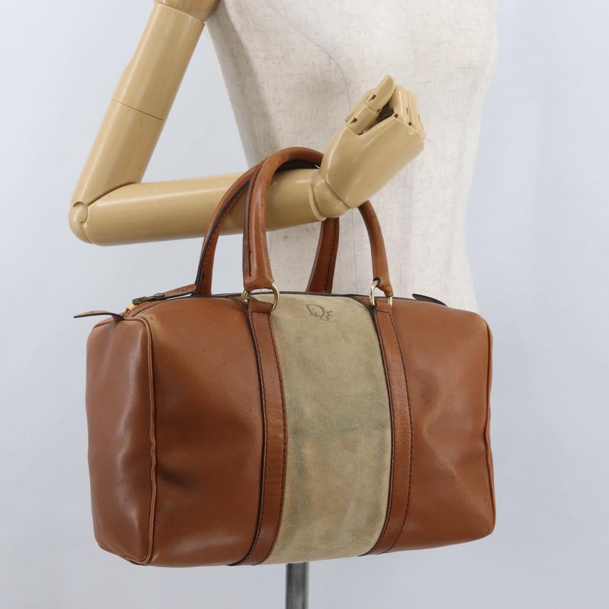 Christian Dior Hand Bag Suede Leather Brown Gold Auth BSZ024