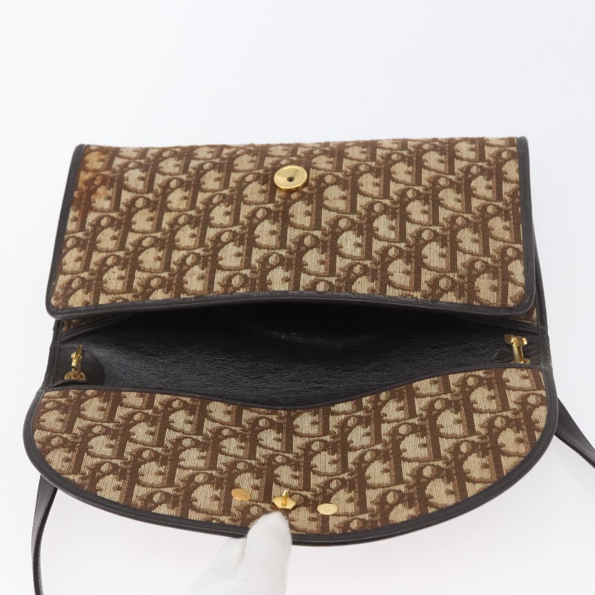 Christian Dior Trotter Canvas Shoulder Bag Brown Gold Auth BSZ029