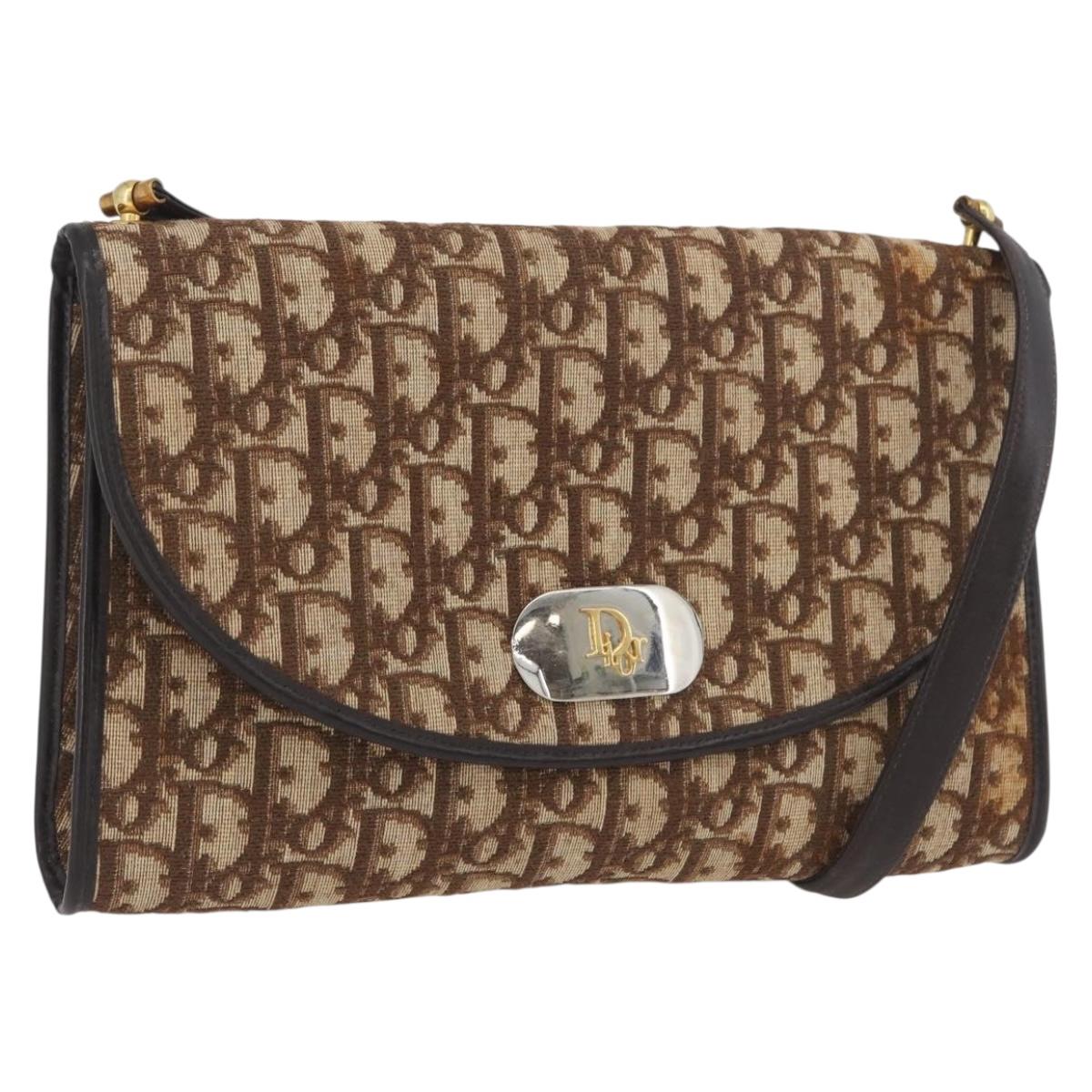 Christian Dior Trotter Canvas Shoulder Bag Brown Gold Auth BSZ029