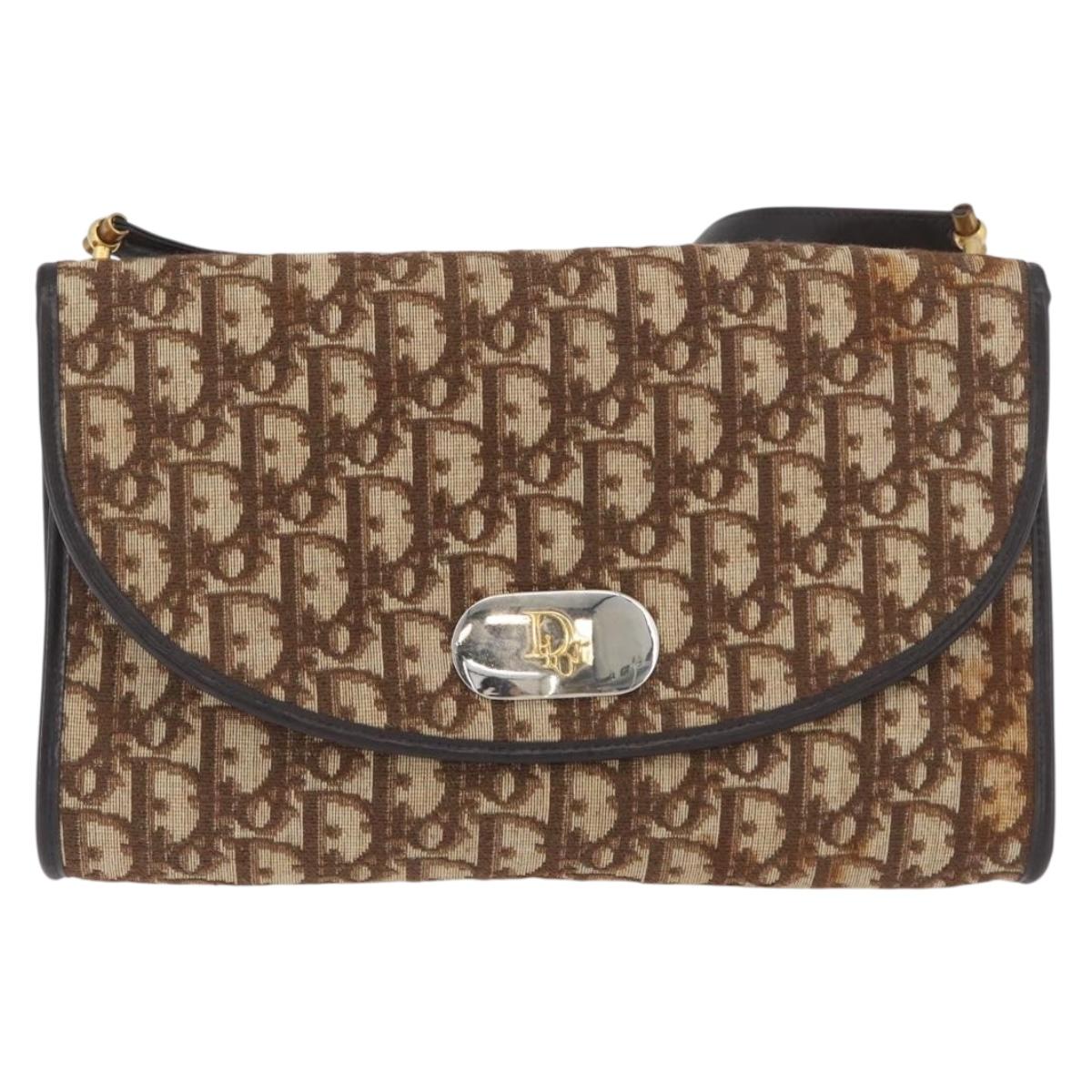 Christian Dior Trotter Canvas Shoulder Bag Brown Gold Auth BSZ029