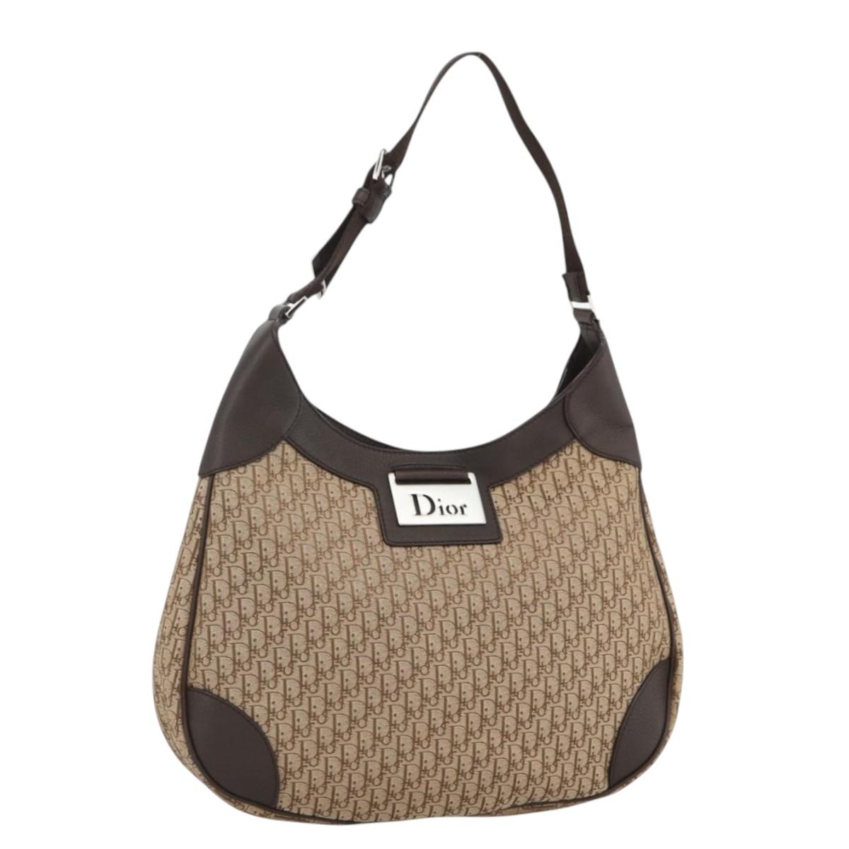 Christian Dior Trotter Canvas Shoulder Bag Beige Silver Auth BSZ033SAV