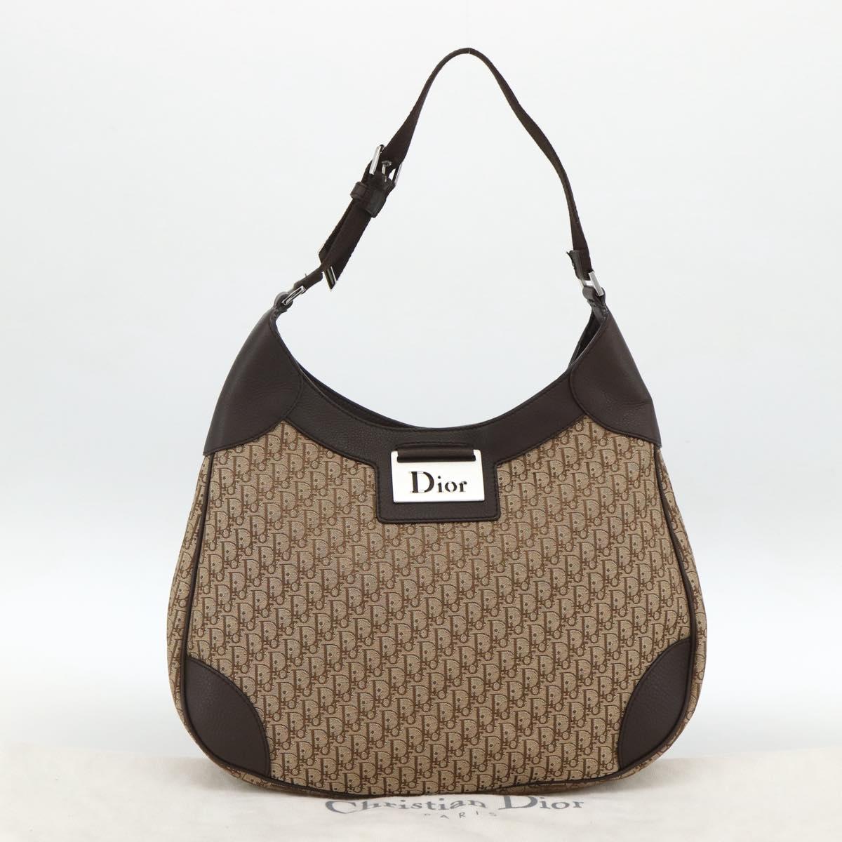 Christian Dior Trotter Canvas Shoulder Bag Beige Silver Auth BSZ033SAV