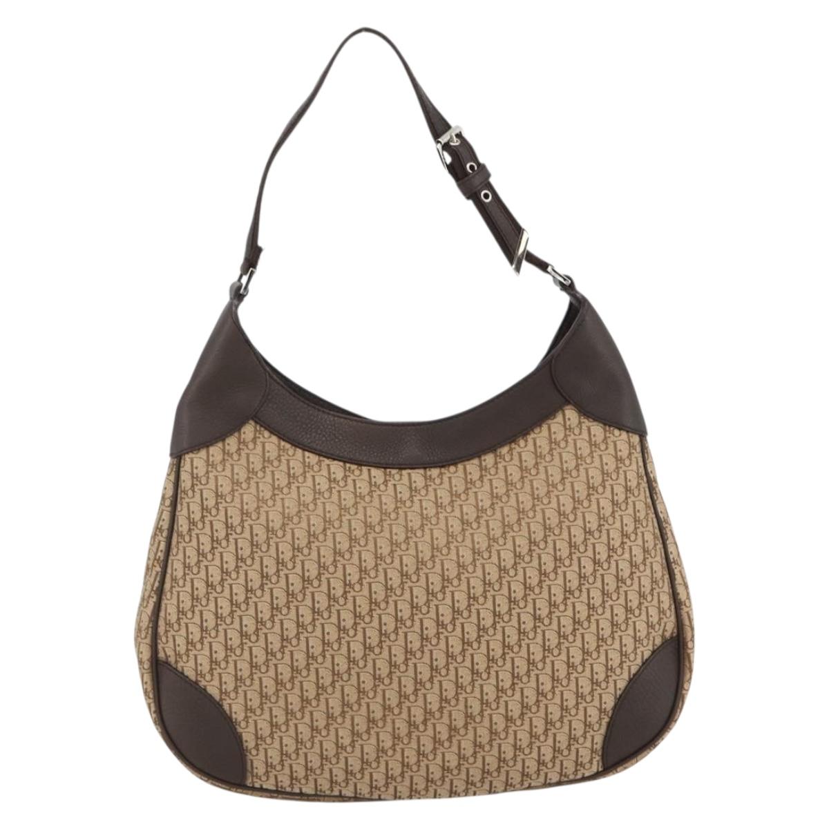 Christian Dior Trotter Canvas Shoulder Bag Beige Silver Auth BSZ033SAV