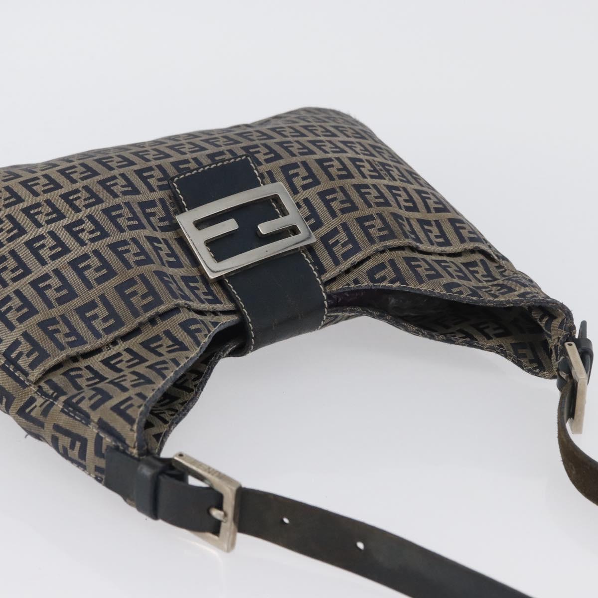 FENDI Zucchino Canvas Mamma Baguette Hand Bag Navy Silver Auth BSZ047