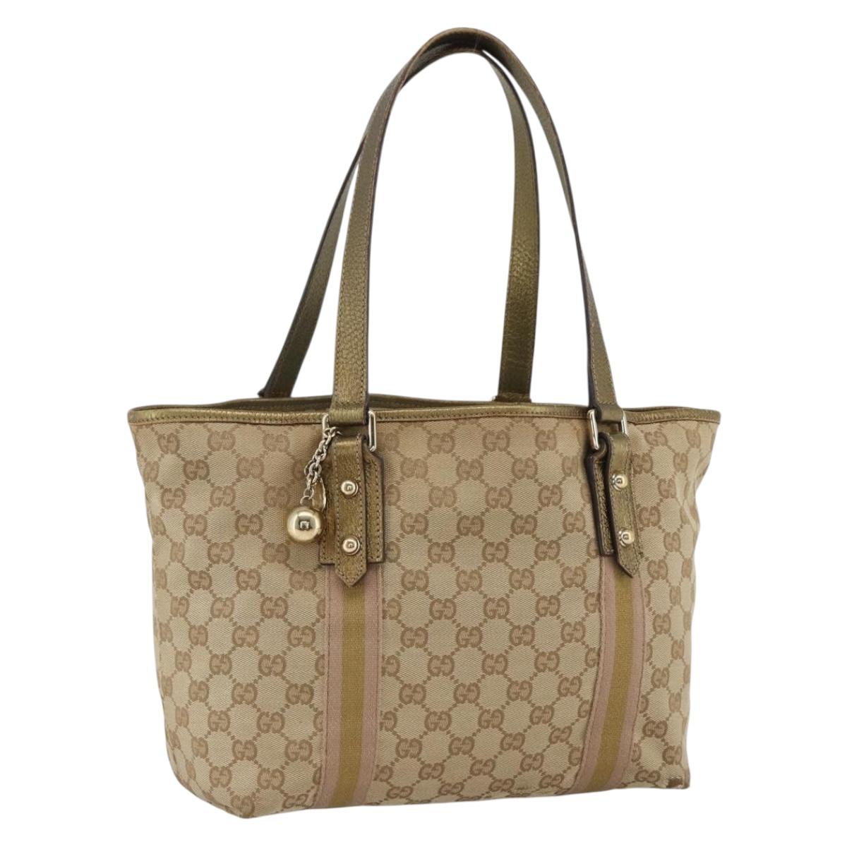 GUCCI GG Canvas Sherry Line Tote Bag Beige Gold 137396 Auth BSZ069