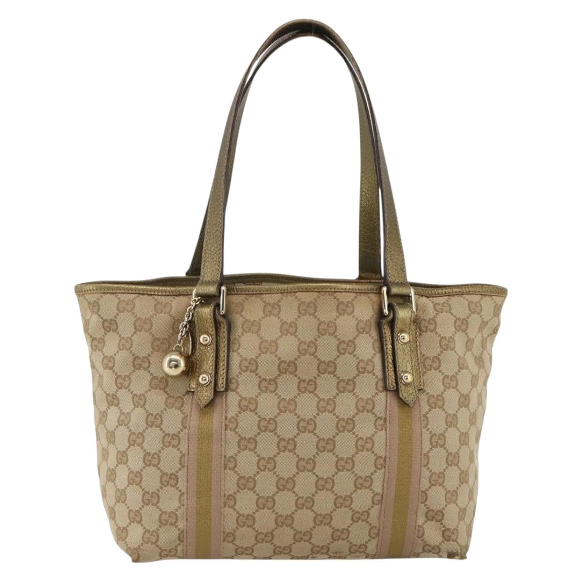 GUCCI GG Canvas Sherry Line Tote Bag Beige Gold 137396 Auth BSZ069