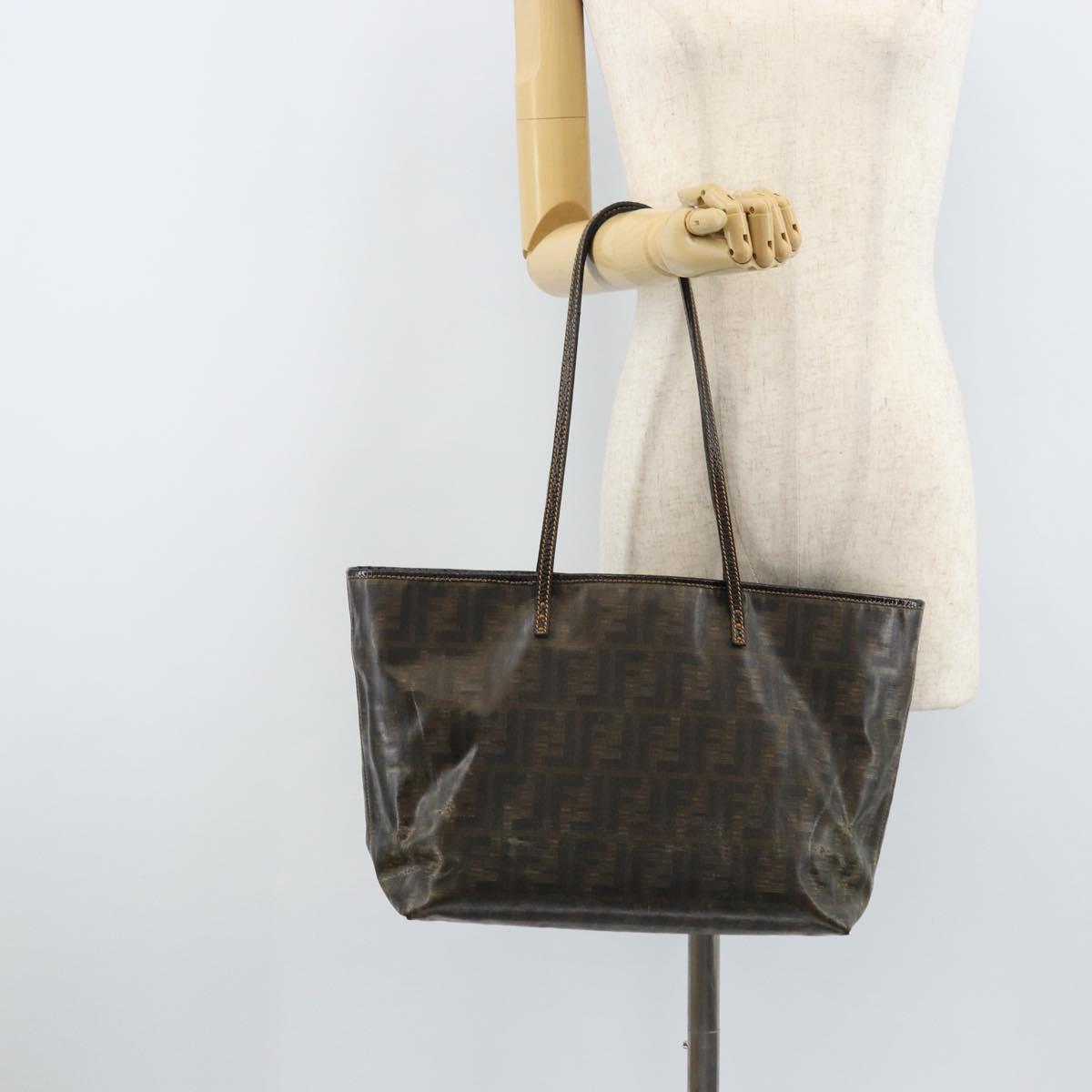 FENDI Zucca Canvas Tote Bag Coated Canvas Brown Black Auth BSZ076