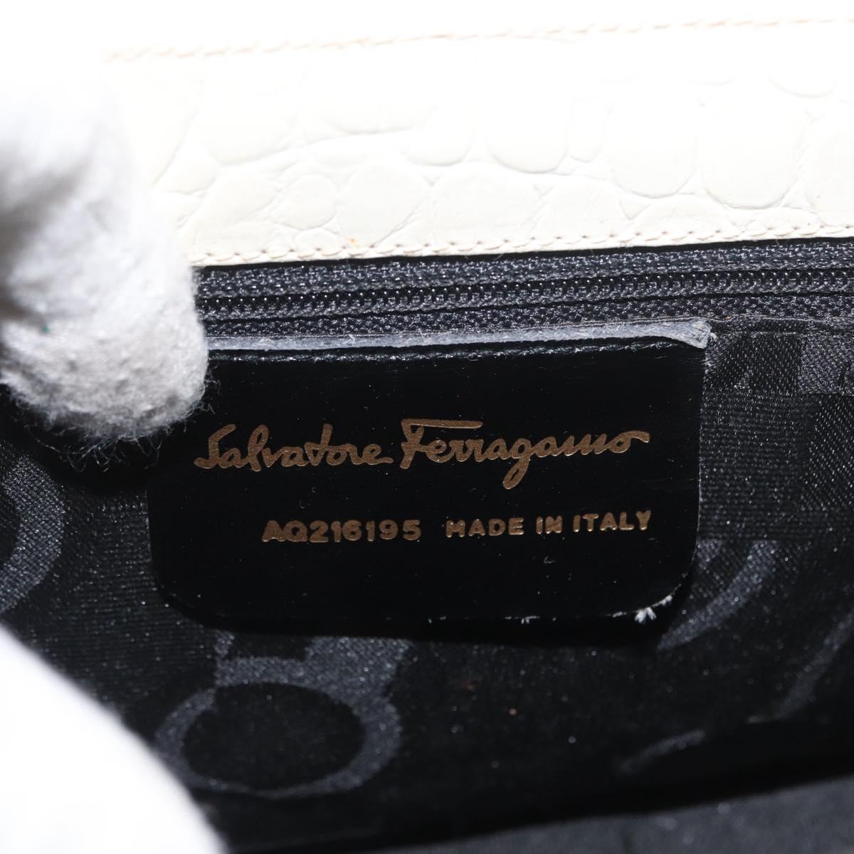 Salvatore Ferragamo Gancini Shoulder Bag Embossed leather White Gold Auth BSZ079