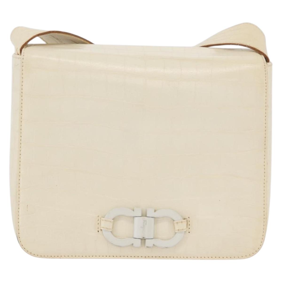 Salvatore Ferragamo Gancini Shoulder Bag Embossed leather White Gold Auth BSZ079