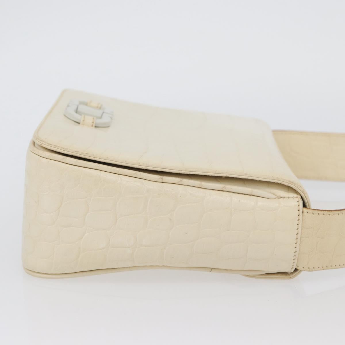Salvatore Ferragamo Gancini Shoulder Bag Embossed leather White Gold Auth BSZ079