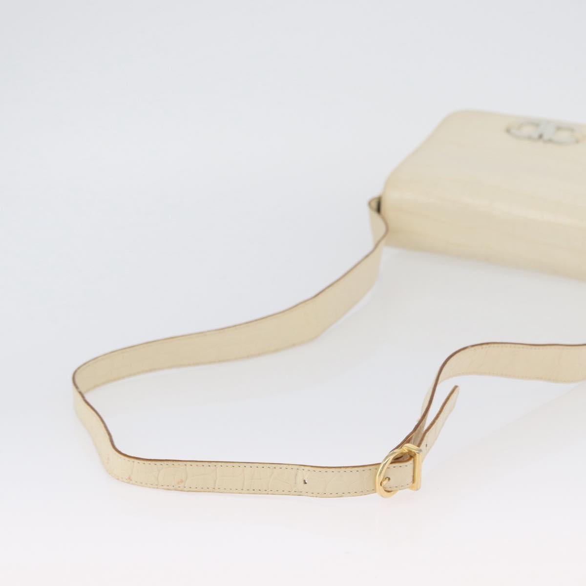 Salvatore Ferragamo Gancini Shoulder Bag Embossed leather White Gold Auth BSZ079