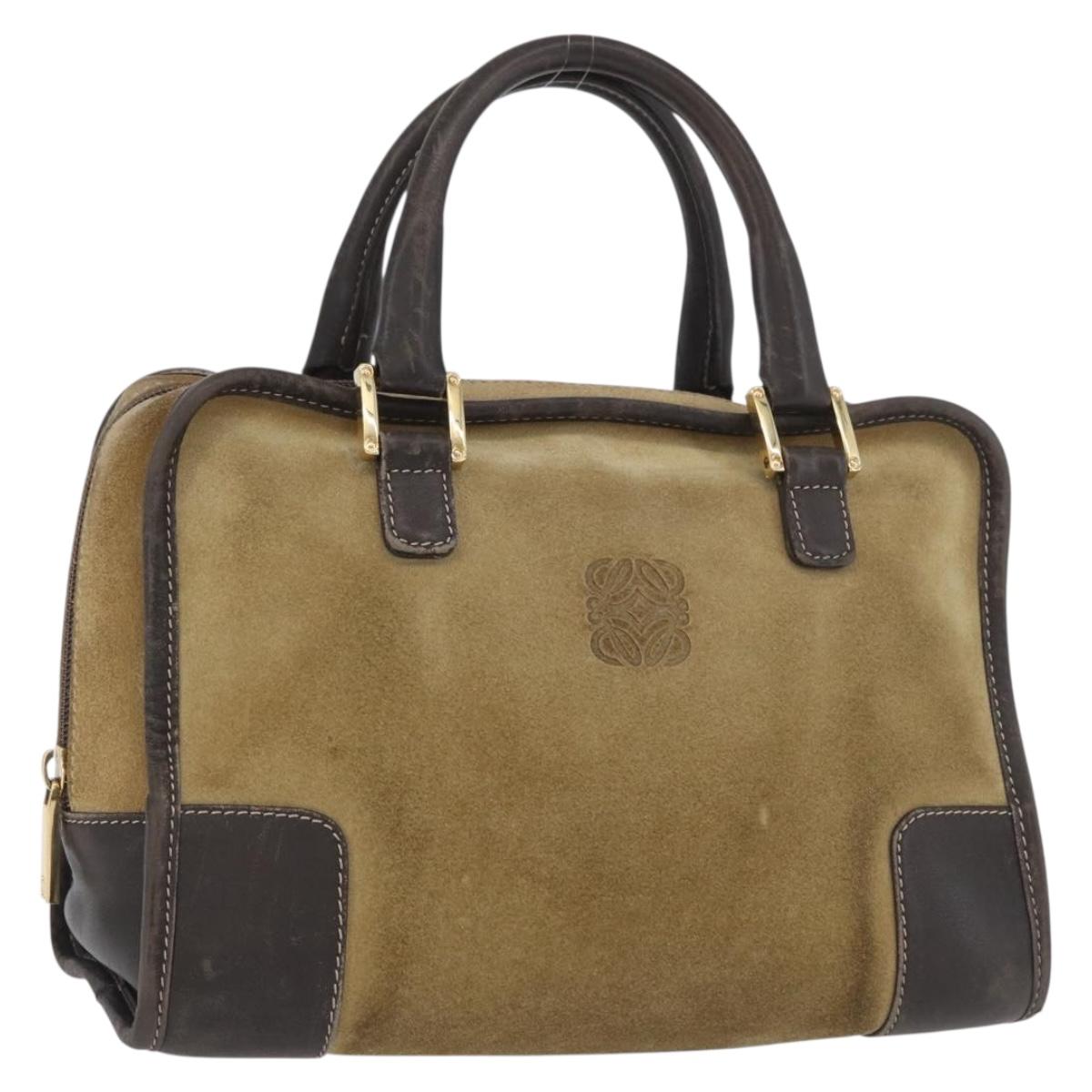 LOEWE Anagram Americana 28 Hand Bag Suede Leather Beige Gold Auth BSZ081