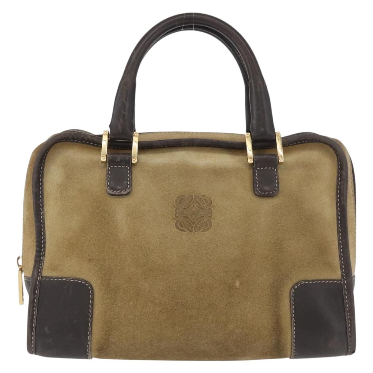 LOEWE Anagram Americana 28 Hand Bag Suede Leather Beige Gold Auth BSZ081
